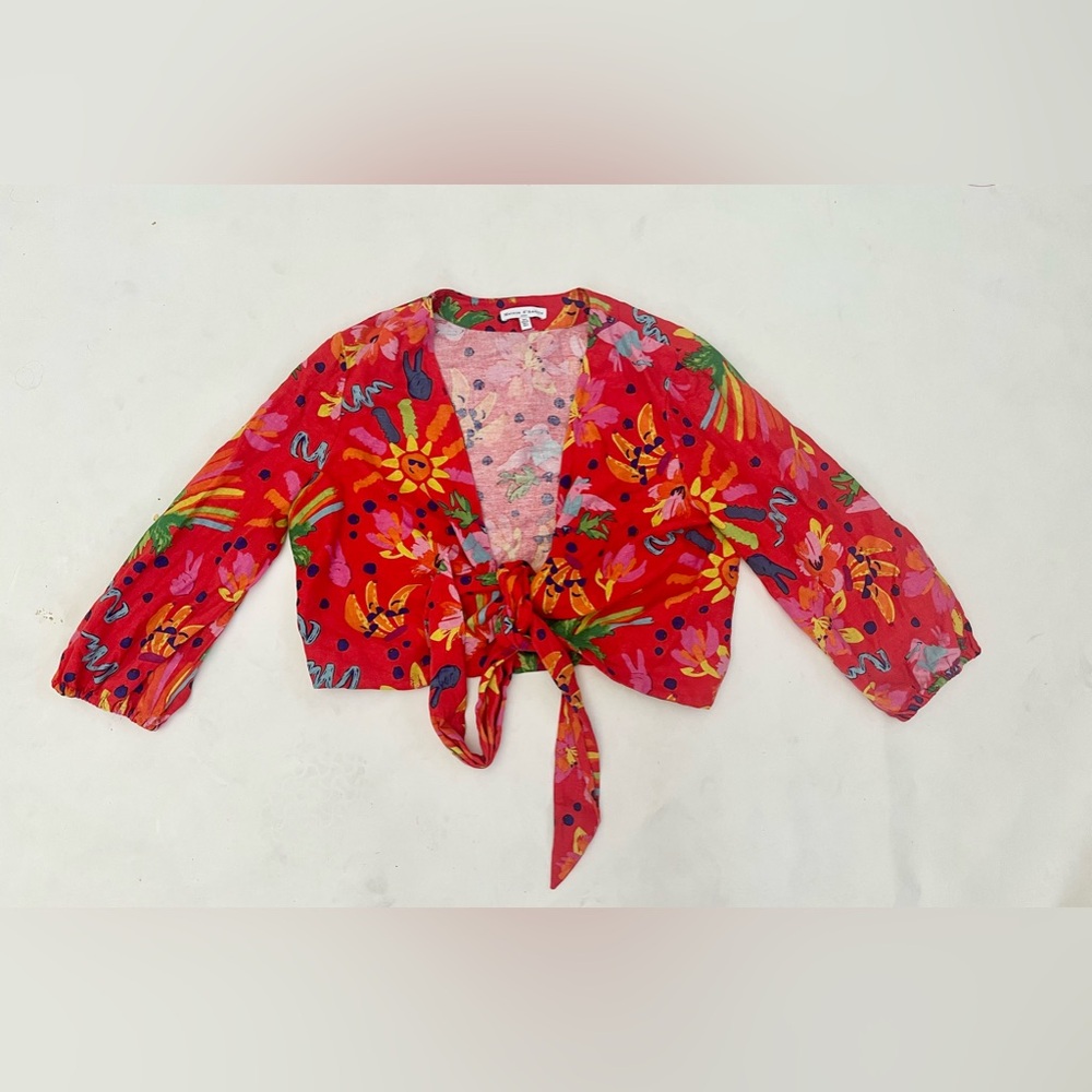 Maison d’Amelie Tropical Tie Front Linen Blend V-Neck 3/4 Sleeve Top Size large